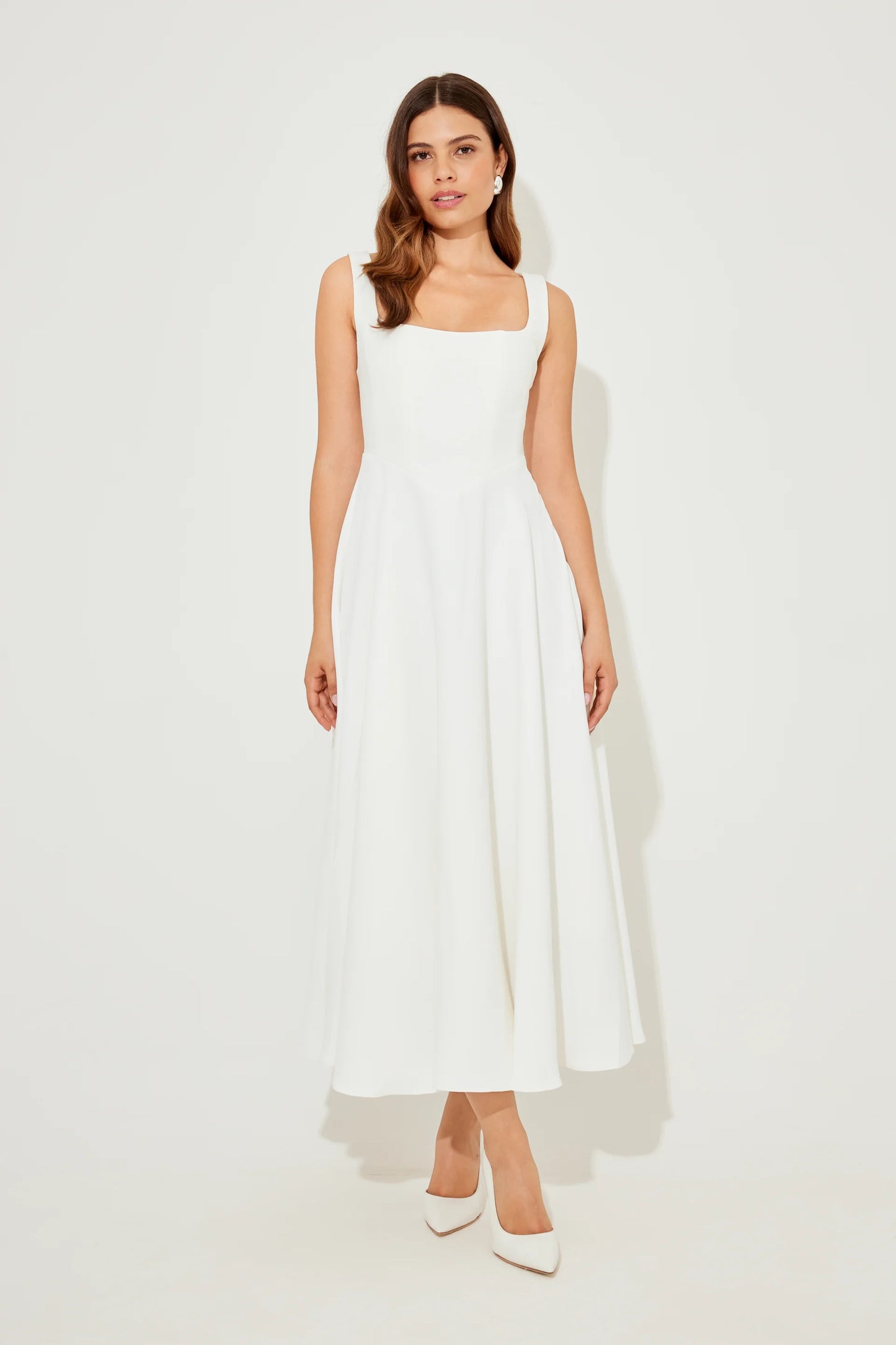 Odd Muse - High Waist Square Neck Midi Dress (White)