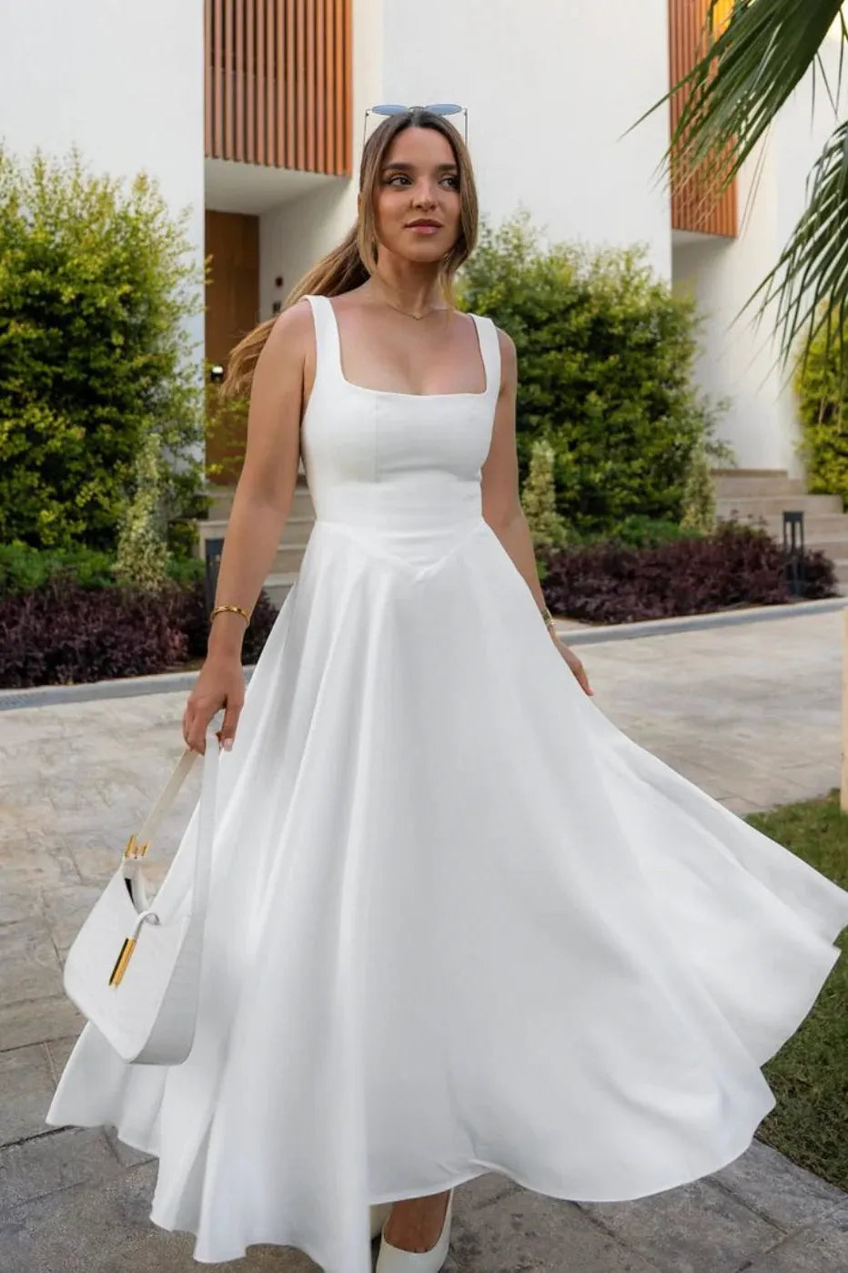 Odd Muse - High Waist Square Neck Midi Dress (White)