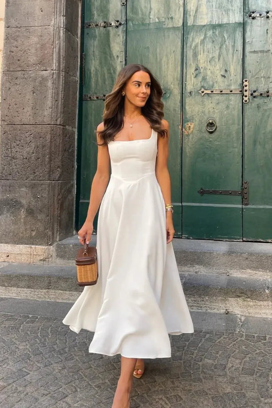 Odd Muse - High Waist Square Neck Midi Dress (White)