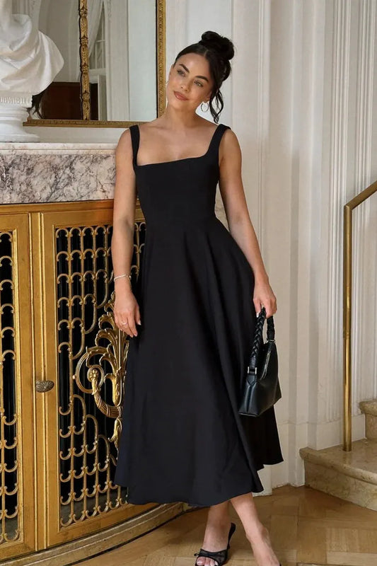 Odd Muse - High Waist Square Neck Midi Dress (Black)